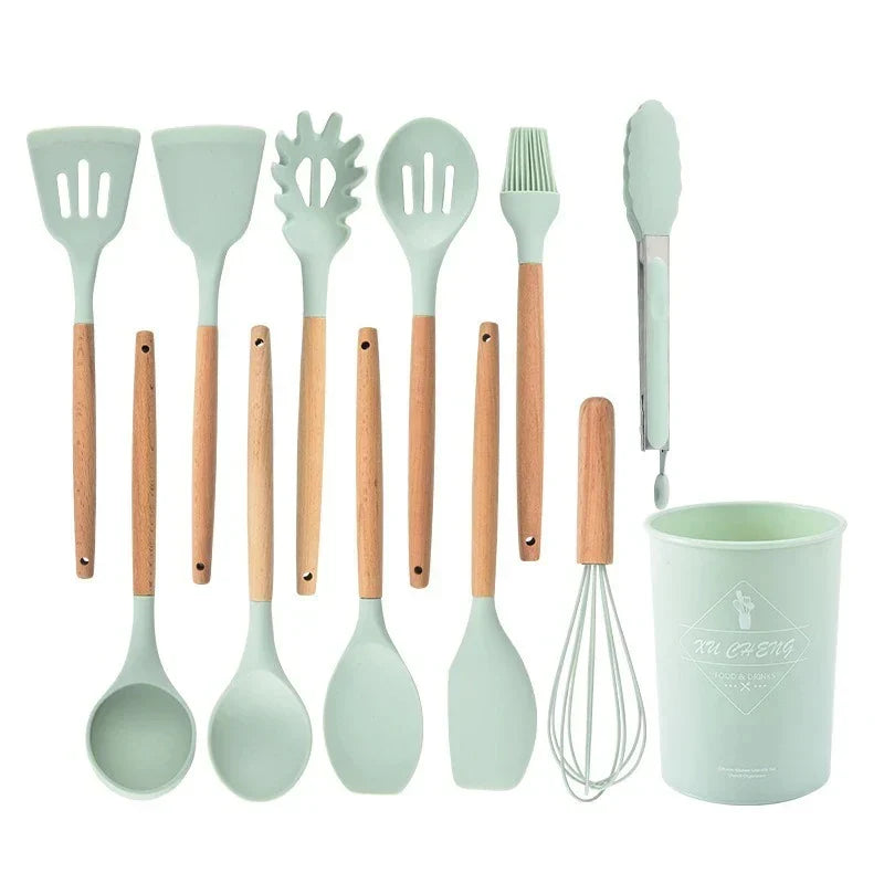 Silicone Kitchen Utensil Set with Wooden Handles Heat Resistant up to 230 Degrees BPA-Free Dishwasher Safe for Non-Stick Pans
