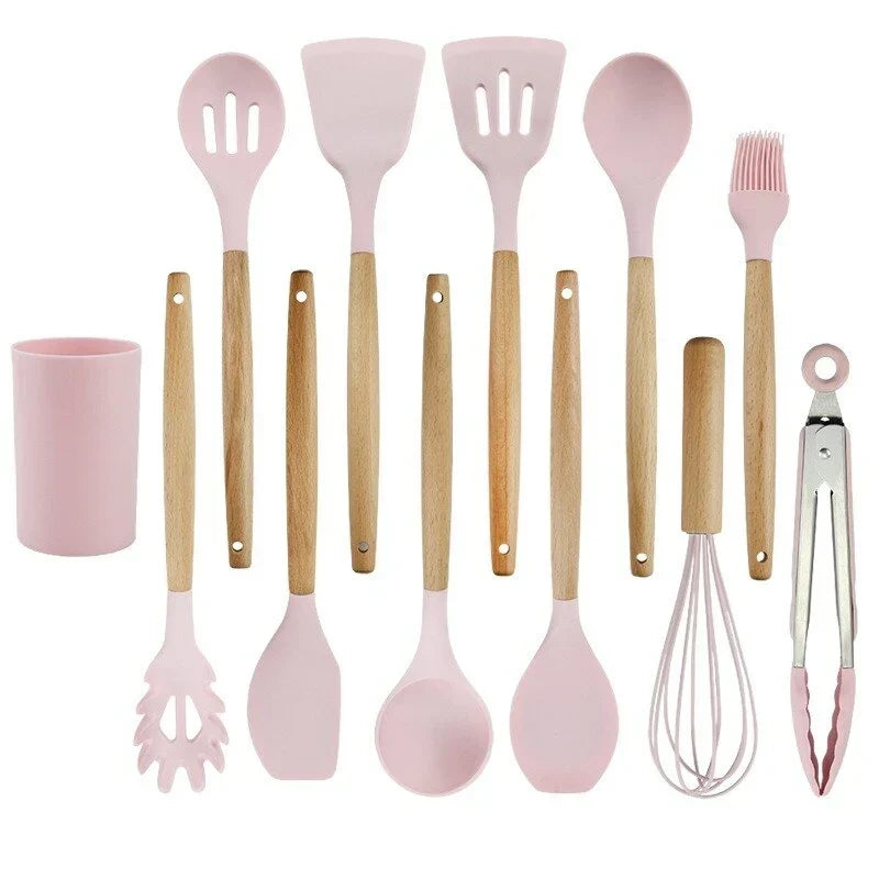 Silicone Kitchen Utensil Set with Wooden Handles Heat Resistant up to 230 Degrees BPA-Free Dishwasher Safe for Non-Stick Pans