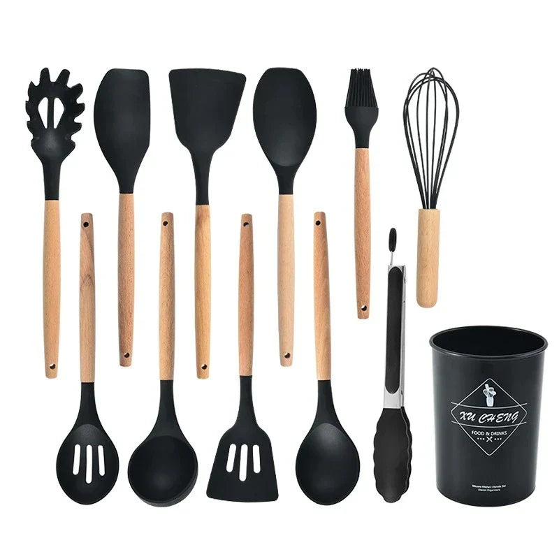 Silicone Kitchen Utensil Set with Wooden Handles Heat Resistant up to 230 Degrees BPA-Free Dishwasher Safe for Non-Stick Pans