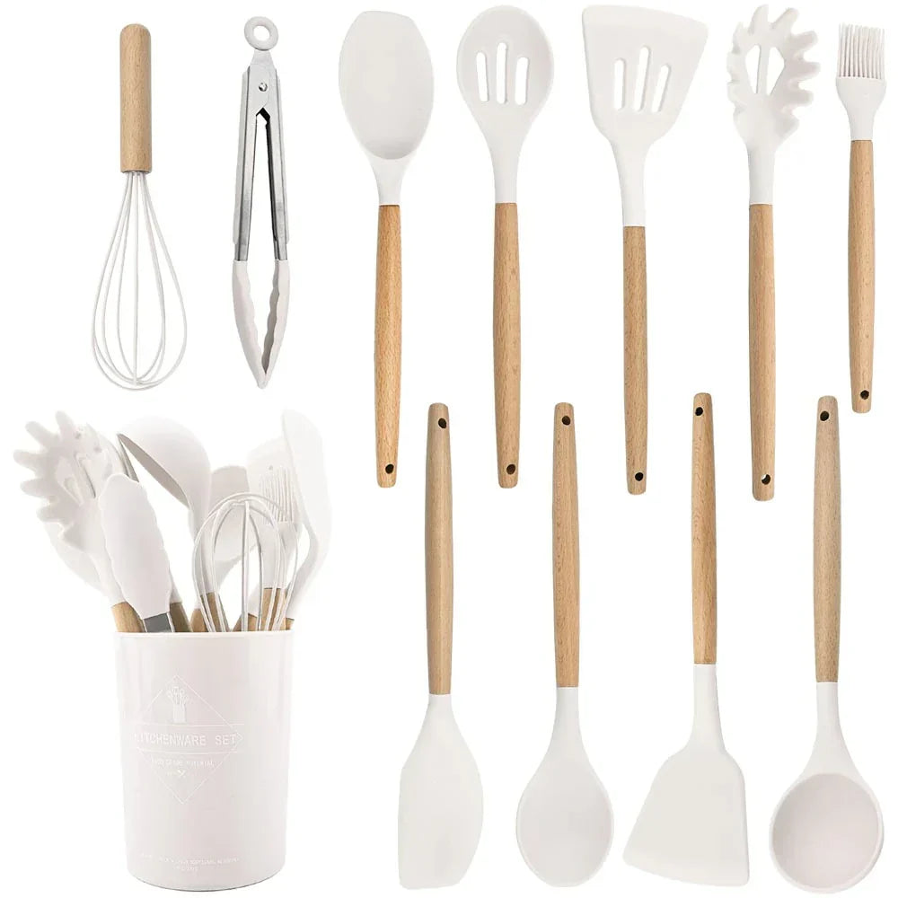 Silicone Kitchen Utensil Set with Wooden Handles Heat Resistant up to 230 Degrees BPA-Free Dishwasher Safe for Non-Stick Pans