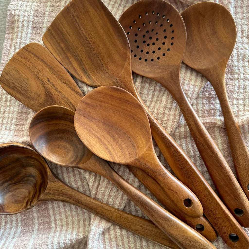 Natural Wood Kitchen Utensil Set with Ladle, Cooking Spoon, Turner, and Skimmer - Non-Stick Friendly for Coated Pans