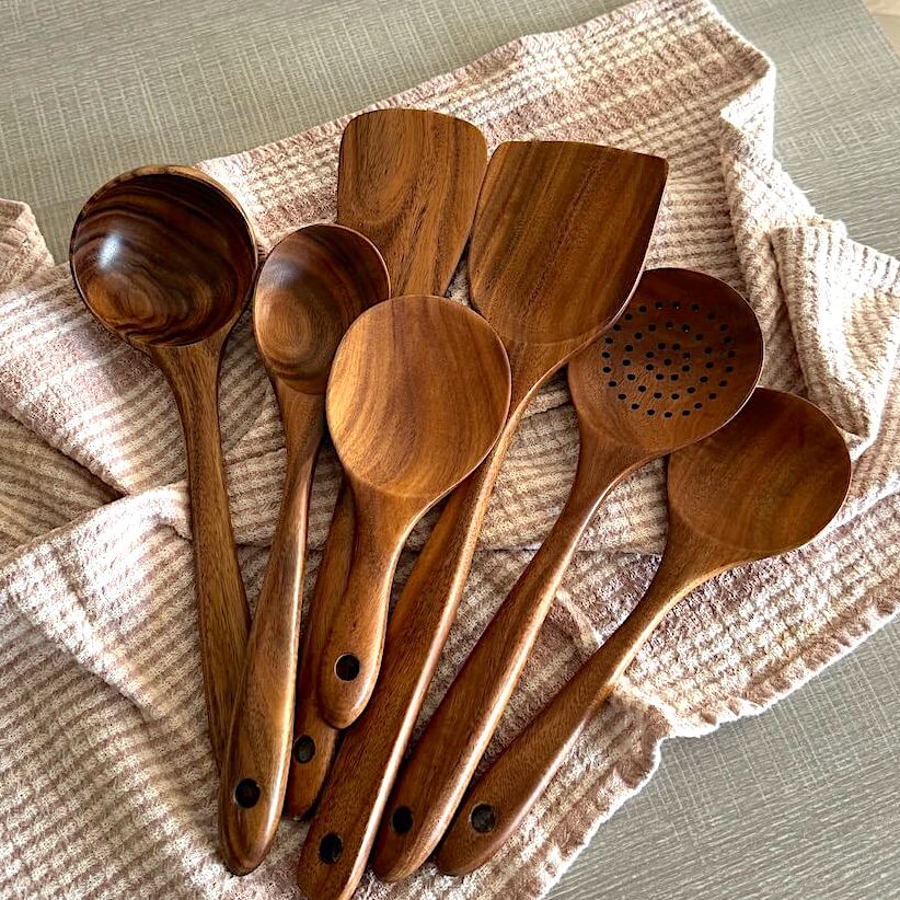Natural Wood Kitchen Utensil Set with Ladle, Cooking Spoon, Turner, and Skimmer - Non-Stick Friendly for Coated Pans