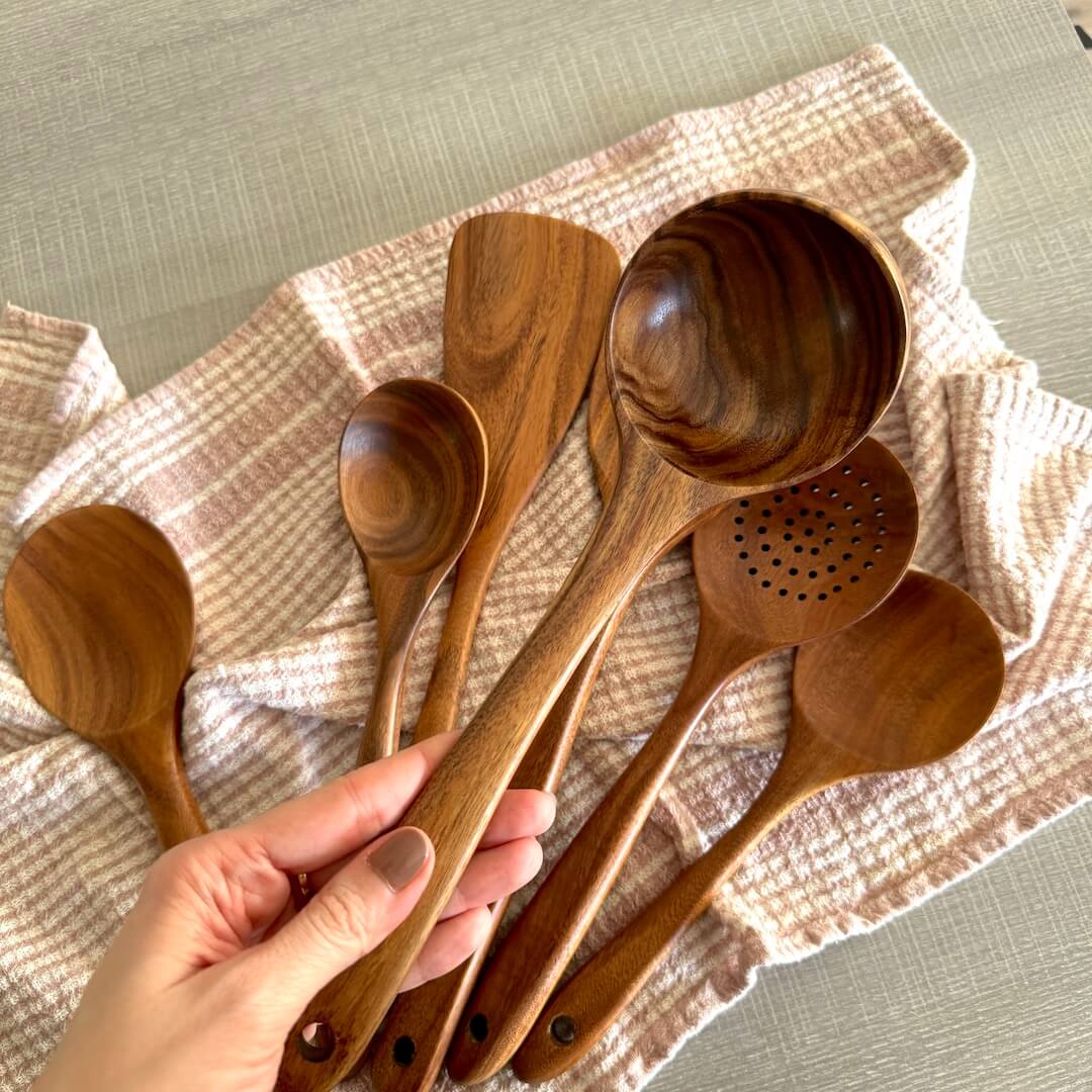 Natural Wood Kitchen Utensil Set with Ladle, Cooking Spoon, Turner, and Skimmer - Non-Stick Friendly for Coated Pans