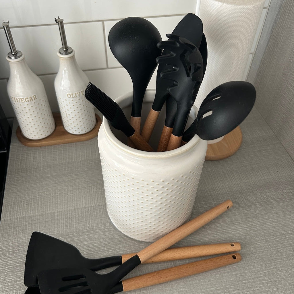 Silicone Kitchen Utensil Set with Wooden Handles Heat Resistant up to 230 Degrees BPA-Free Dishwasher Safe for Non-Stick Pans
