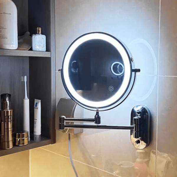 LED Wall Mounted Magnifying Mirror with Touch Control, Swivel Arm, and Rechargeable Battery for Bathroom and Vanity