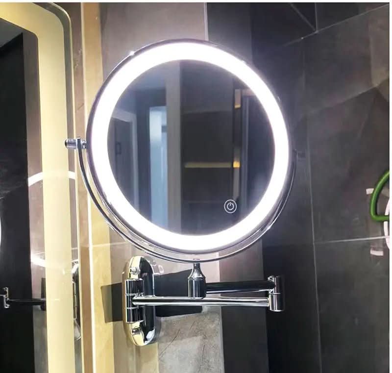 LED Wall Mounted Magnifying Mirror with Touch Control, Swivel Arm, and Rechargeable Battery for Bathroom and Vanity