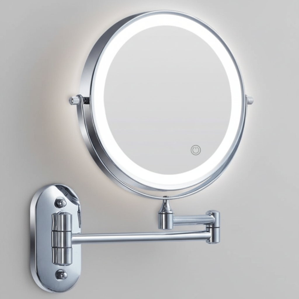 LED Wall Mounted Magnifying Mirror with Touch Control, Swivel Arm, and Rechargeable Battery for Bathroom and Vanity