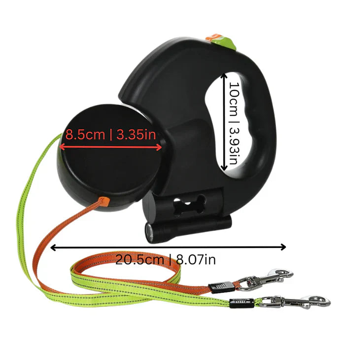 Retractable Dual Dog Leash with 360-Degree Swivel Tangle-Free LED Light and Reflective Strip for Two Dogs up to 60 kg