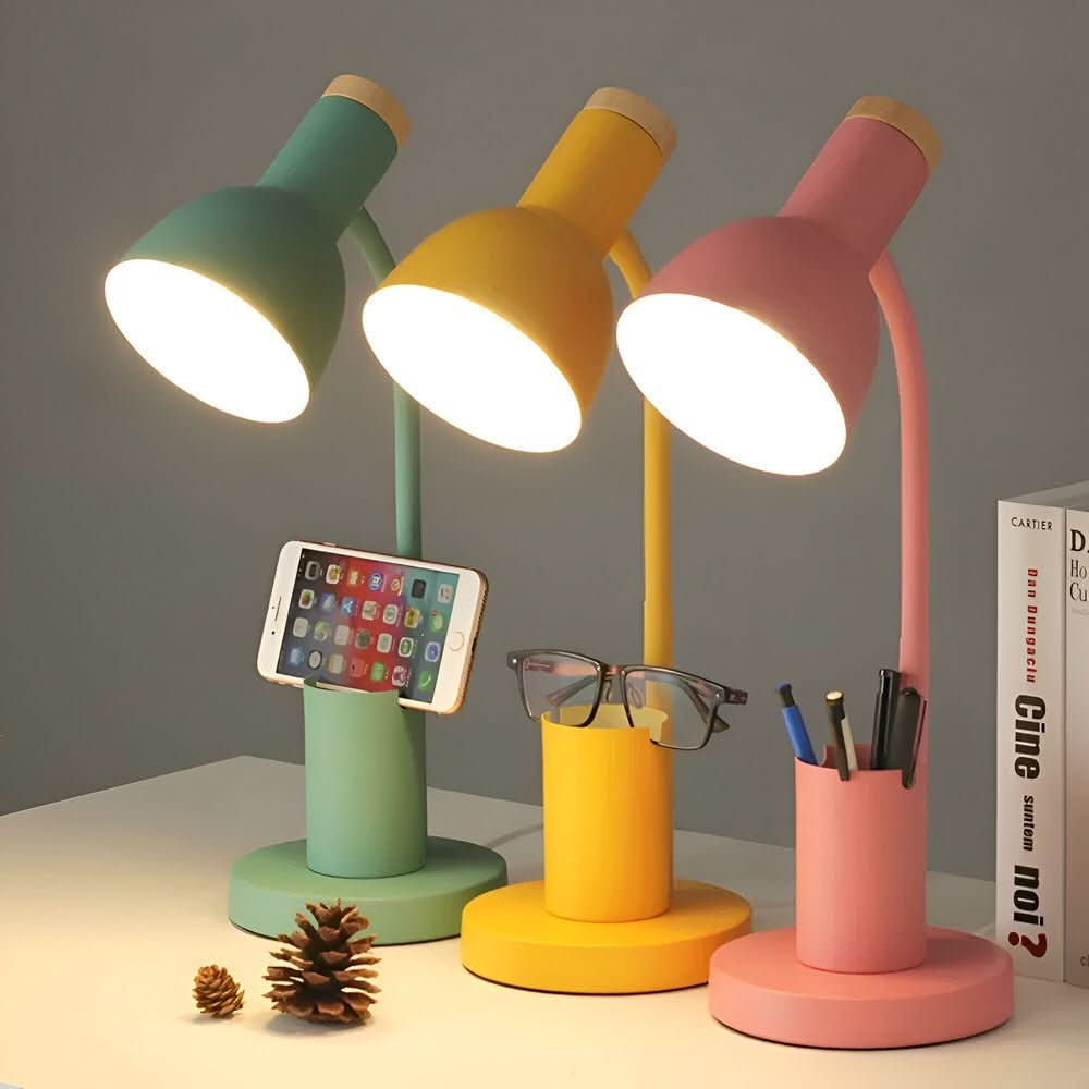 LED-Tischlampe mit Stifthalter Dreifarbigem Licht und Verstellbarem Schwanenhals für Schreibtisch Büro und Nachttisch
