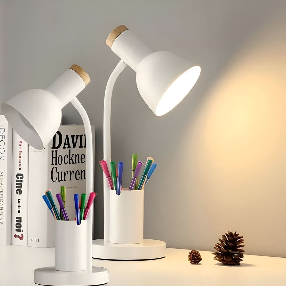 LED-Tischlampe mit Stifthalter Dreifarbigem Licht und Verstellbarem Schwanenhals für Schreibtisch Büro und Nachttisch