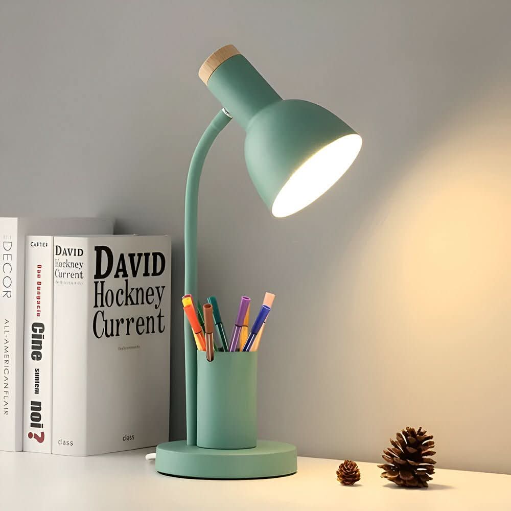 LED-Tischlampe mit Stifthalter Dreifarbigem Licht und Verstellbarem Schwanenhals für Schreibtisch Büro und Nachttisch