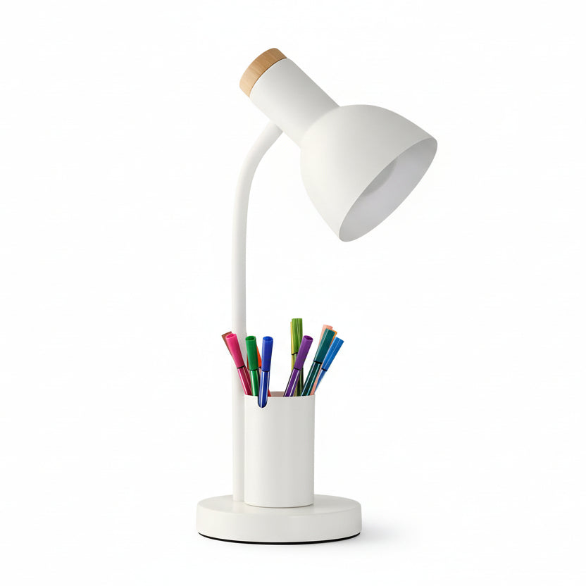 LED-Tischlampe mit Stifthalter Dreifarbigem Licht und Verstellbarem Schwanenhals für Schreibtisch Büro und Nachttisch