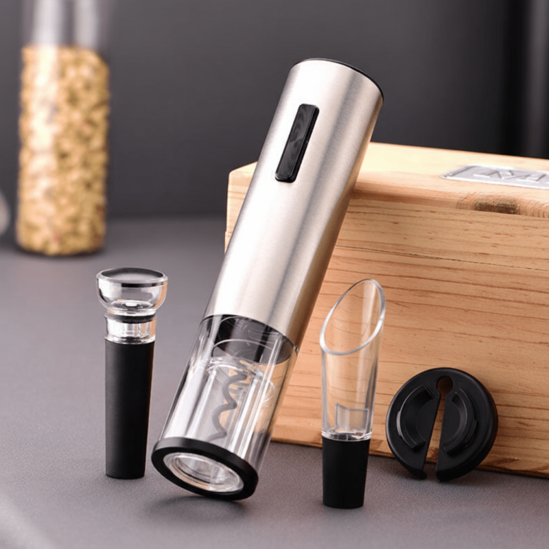 Electric Wine Opener 4-in-1 Set with Foil Cutter, Pourer, and Vacuum Stopper, Rechargeable for Effortless Cork Removal
