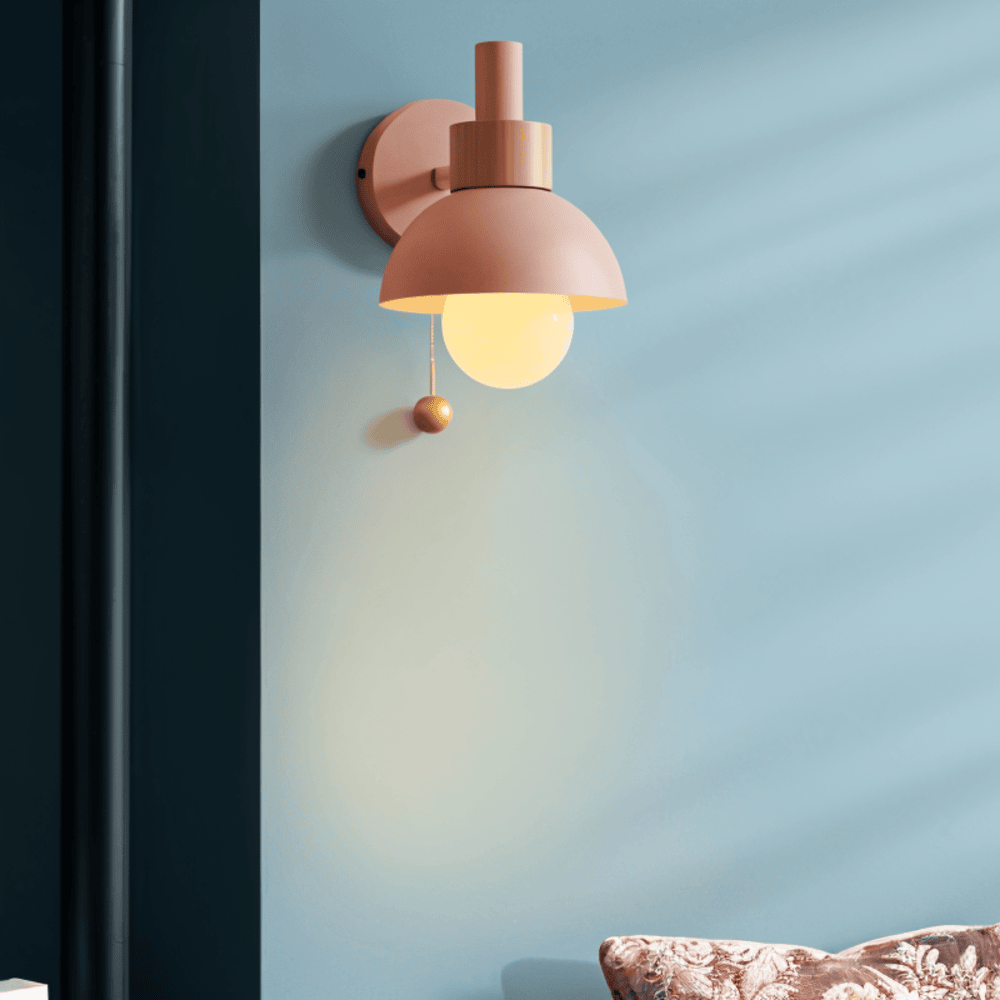 Bolania | Wandlampe - Wandlampe aus Holz und Eisen im Macaron-Stil mit Zugschalter