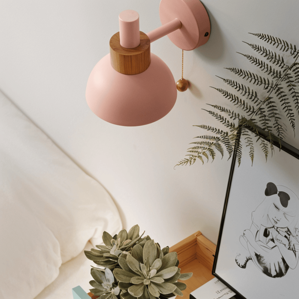 Bolania | Wandlampe - Wandlampe aus Holz und Eisen im Macaron-Stil mit Zugschalter