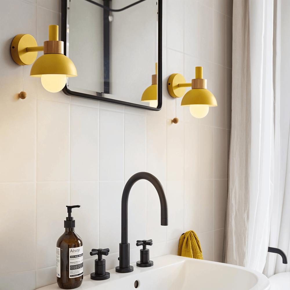Bolania | Wandlampe - Wandlampe aus Holz und Eisen im Macaron-Stil mit Zugschalter