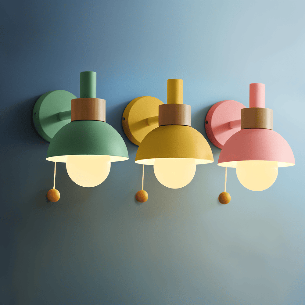 Bolania | Wandlampe - Wandlampe aus Holz und Eisen im Macaron-Stil mit Zugschalter