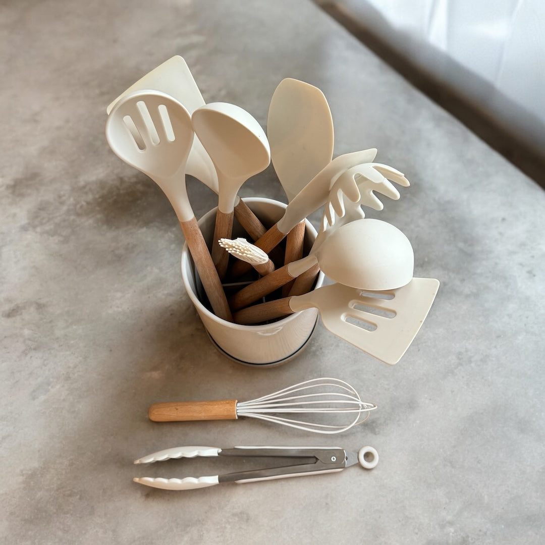 Silicone Kitchen Utensil Set with Wooden Handles Heat Resistant up to 230 Degrees BPA-Free Dishwasher Safe for Non-Stick Pans