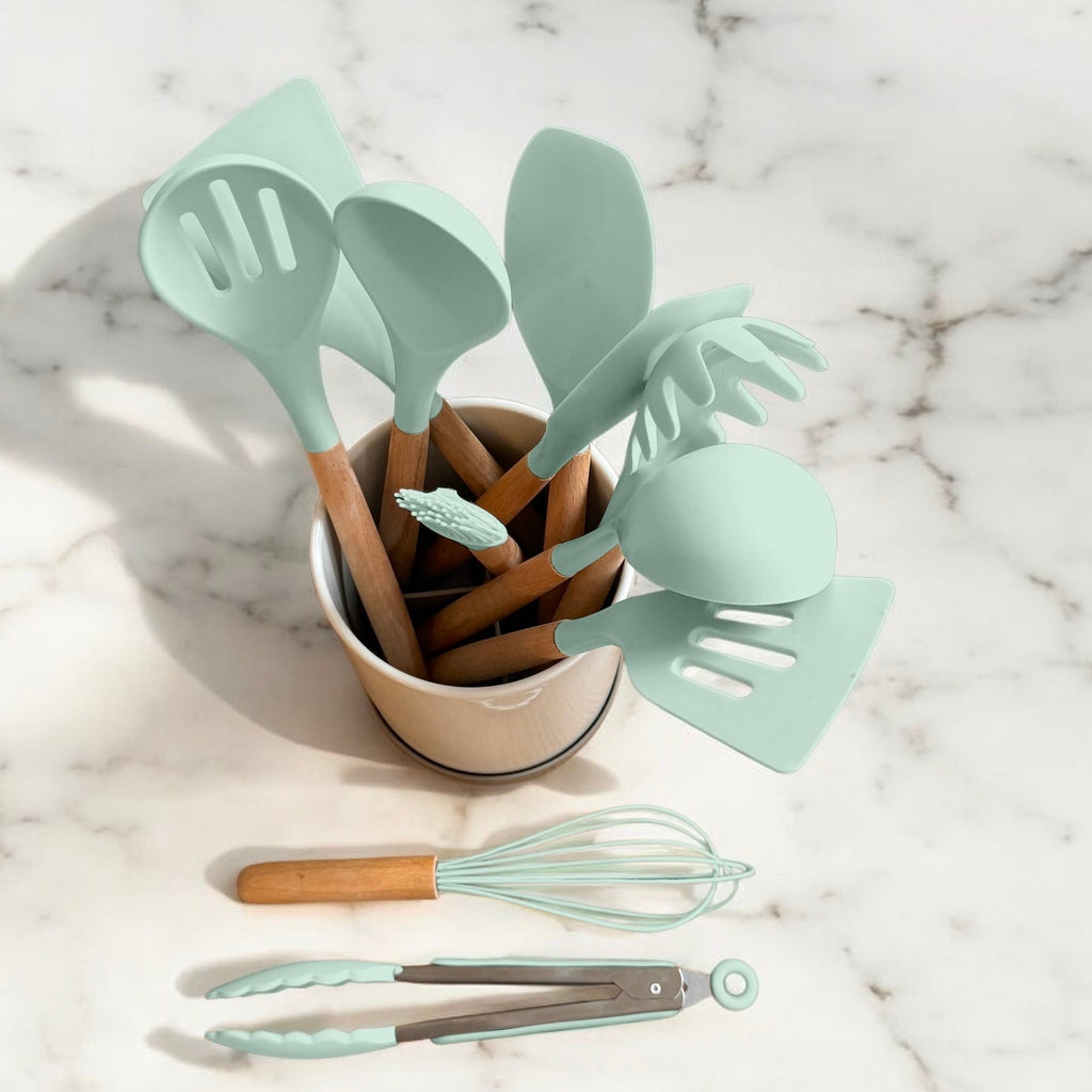 Silicone Kitchen Utensil Set with Wooden Handles Heat Resistant up to 230 Degrees BPA-Free Dishwasher Safe for Non-Stick Pans