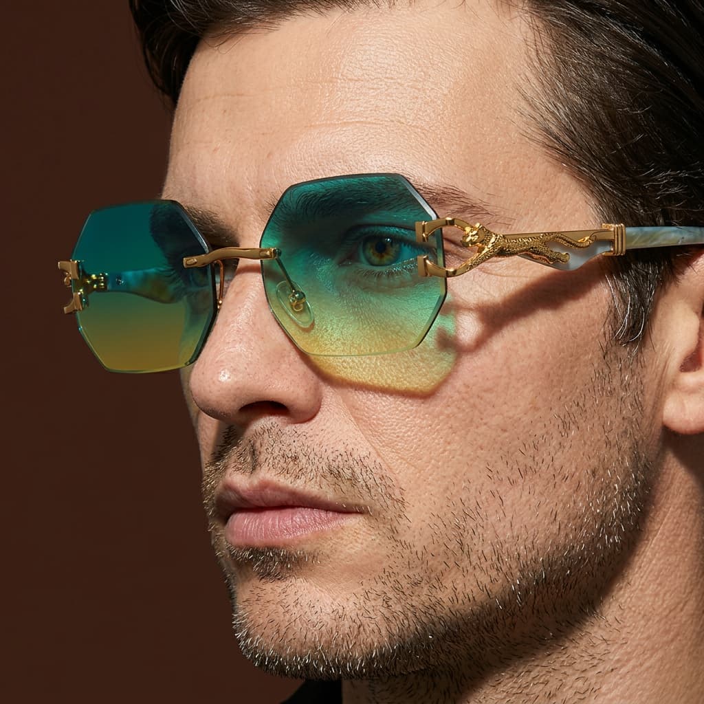 Rimless Sunglasses with Hexagonal Lenses, UV400 Protection, Embellished Metal Temples