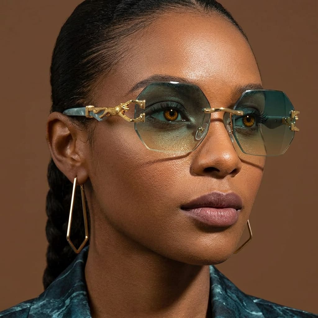 Rimless Sunglasses with Hexagonal Lenses, UV400 Protection, Embellished Metal Temples