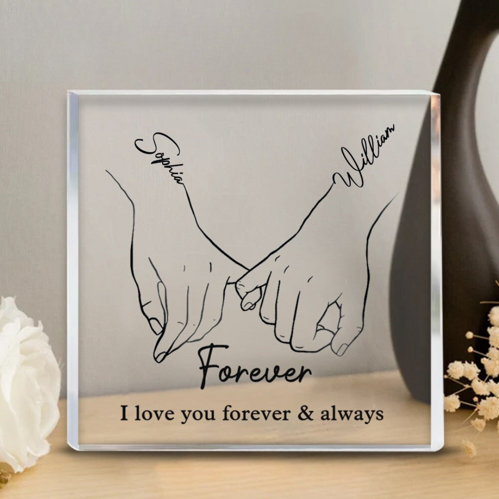 Personalized Acrylic Plaque for Couples with Names and Saying Line Art Hands Freestanding Gift for Anniversary and Valentine's Day