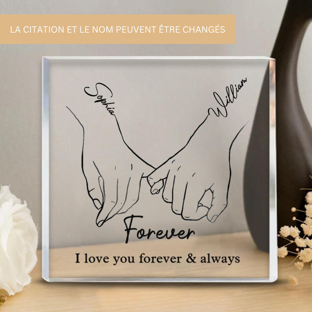 Personalized Acrylic Plaque for Couples with Names and Saying Line Art Hands Freestanding Gift for Anniversary and Valentine's Day