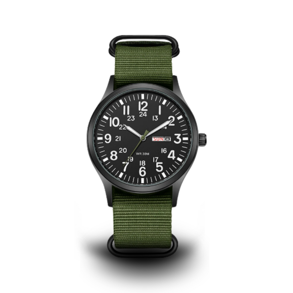 Herrenuhr mit Textilarmband und Datumsanzeige, 24-Stunden-Skala, Gehäuse 42 mm, Spritzwassergeschützt