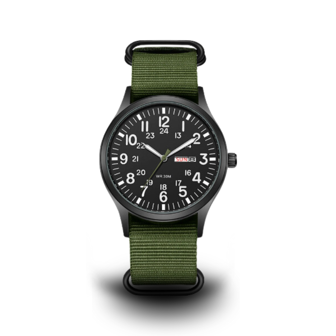 Herrenuhr mit Textilarmband und Datumsanzeige, 24-Stunden-Skala, Gehäuse 42 mm, Spritzwassergeschützt