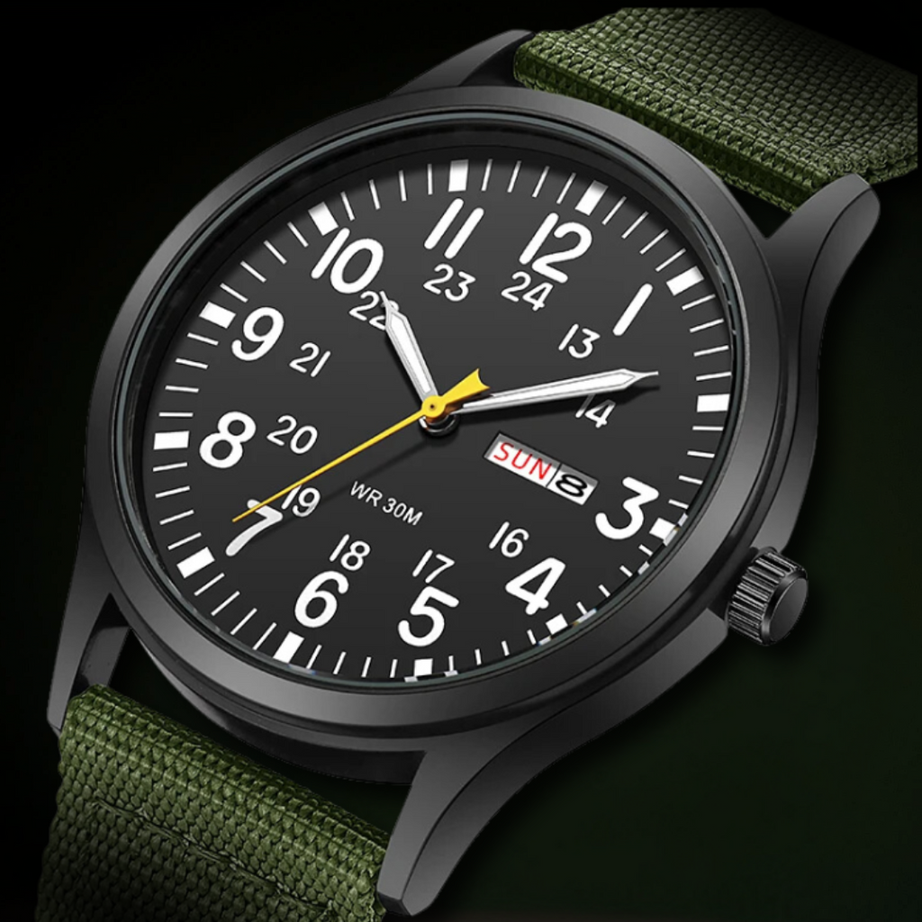 Herrenuhr mit Textilarmband und Datumsanzeige, 24-Stunden-Skala, Gehäuse 42 mm, Spritzwassergeschützt