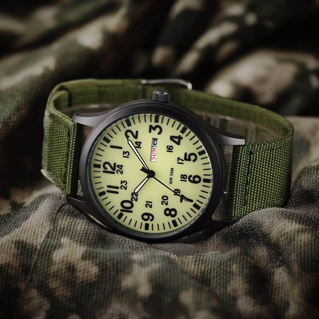 Herrenuhr mit Textilarmband und Datumsanzeige, 24-Stunden-Skala, Gehäuse 42 mm, Spritzwassergeschützt