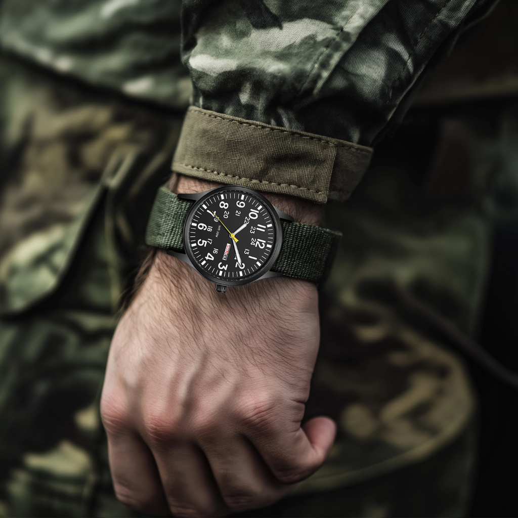 Herrenuhr mit Textilarmband und Datumsanzeige, 24-Stunden-Skala, Gehäuse 42 mm, Spritzwassergeschützt