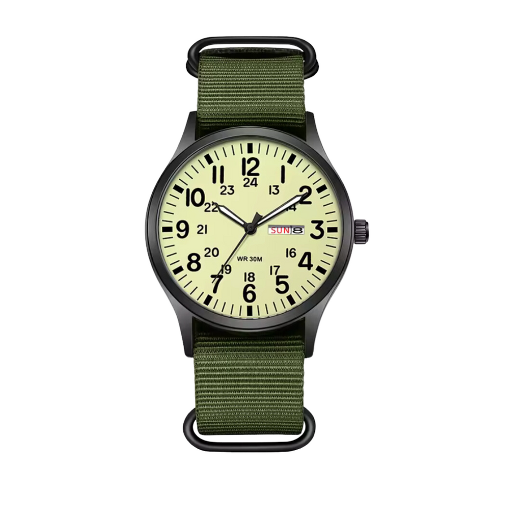 Herrenuhr mit Textilarmband und Datumsanzeige, 24-Stunden-Skala, Gehäuse 42 mm, Spritzwassergeschützt