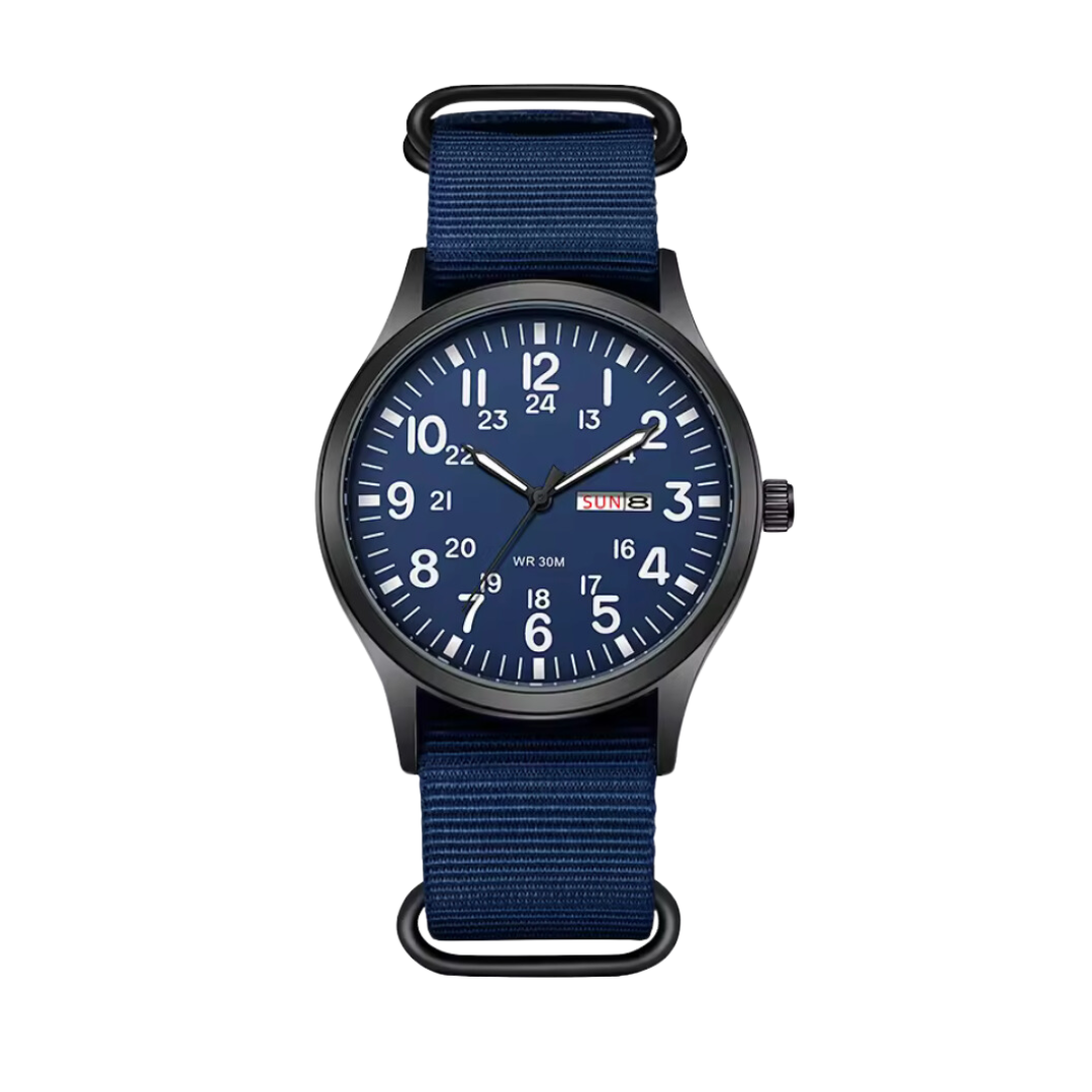 Herrenuhr mit Textilarmband und Datumsanzeige, 24-Stunden-Skala, Gehäuse 42 mm, Spritzwassergeschützt