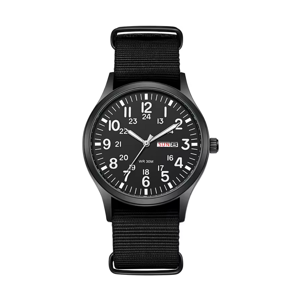 Herrenuhr mit Textilarmband und Datumsanzeige, 24-Stunden-Skala, Gehäuse 42 mm, Spritzwassergeschützt