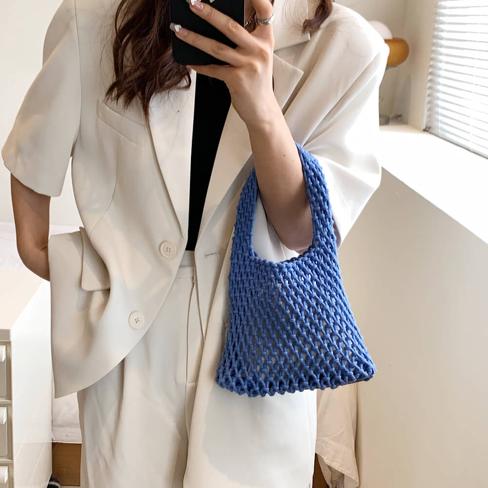 Women's Handbag Hand-Crocheted Cotton Net Pattern for Summer Beach and Everyday Use Vegan