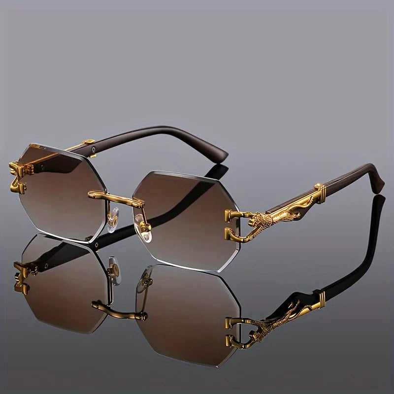 Rimless Sunglasses with Hexagonal Lenses, UV400 Protection, Embellished Metal Temples