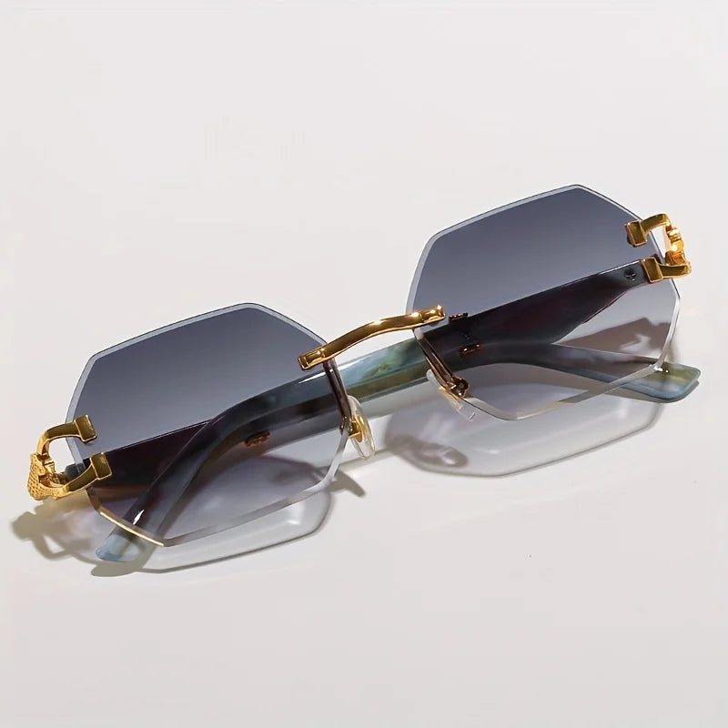 Rimless Sunglasses with Hexagonal Lenses, UV400 Protection, Embellished Metal Temples