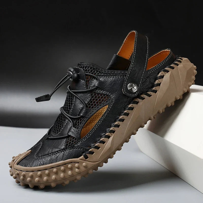 Leather Men's Shoes with Open Heel and Quick-Lacing System, Convertible Heel Strap, Breathable