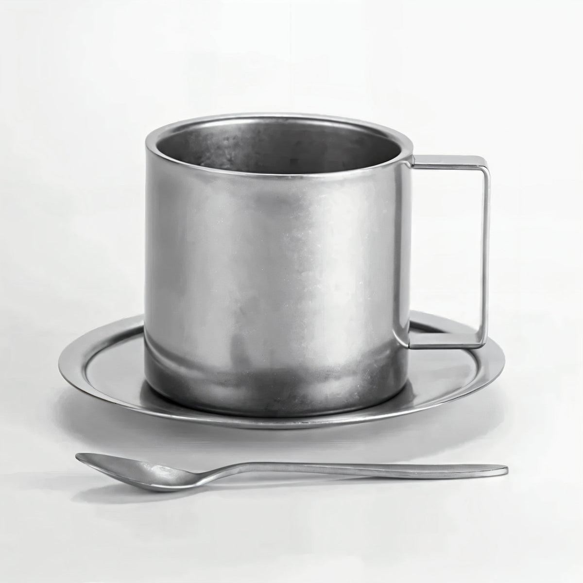 Kaffeetasse Edelstahl Doppelwandig mit Untertasse und Löffel, Matt, 300 ml (10,1 fl oz)