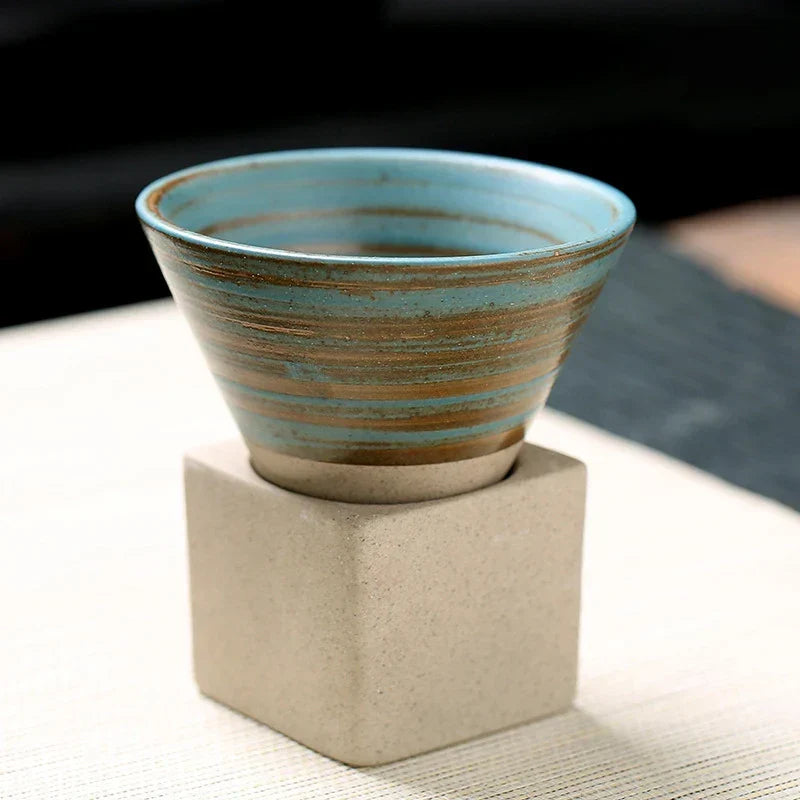 Conical Ceramic Espresso Cups with Holder, 100 ml (3.4 fl oz), Reactive Glaze