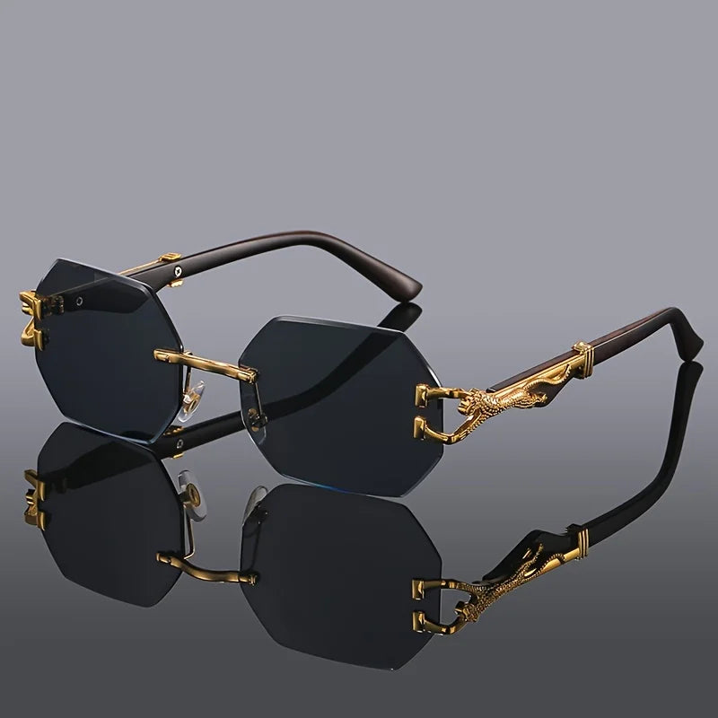 Rimless Sunglasses with Hexagonal Lenses, UV400 Protection, Embellished Metal Temples