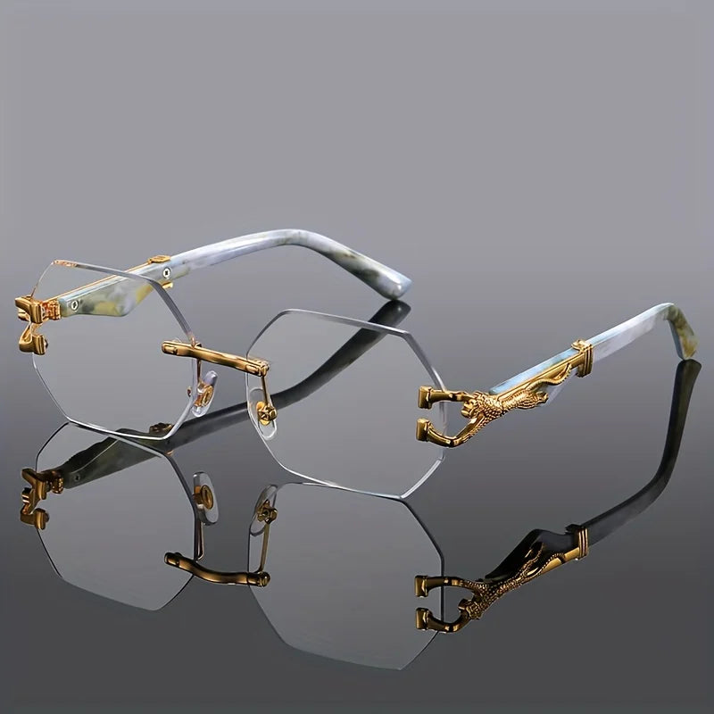 Rimless Sunglasses with Hexagonal Lenses, UV400 Protection, Embellished Metal Temples