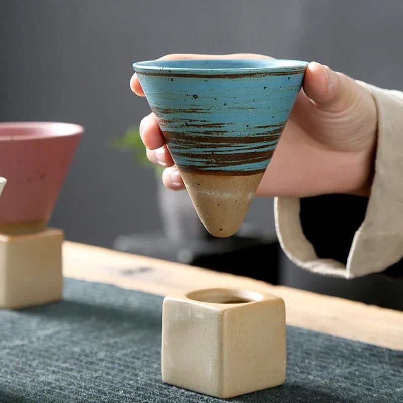 Conical Ceramic Espresso Cups with Holder, 100 ml (3.4 fl oz), Reactive Glaze