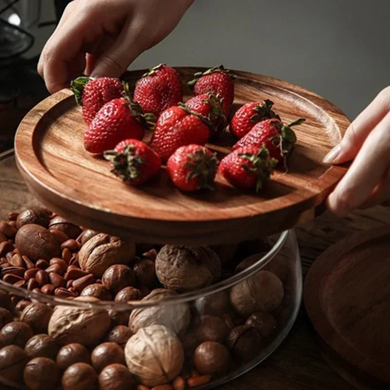 Mehrstöckige Servieretagere aus Glas und Akazienholz mit Deckel für Obst Nüsse und Süßigkeiten