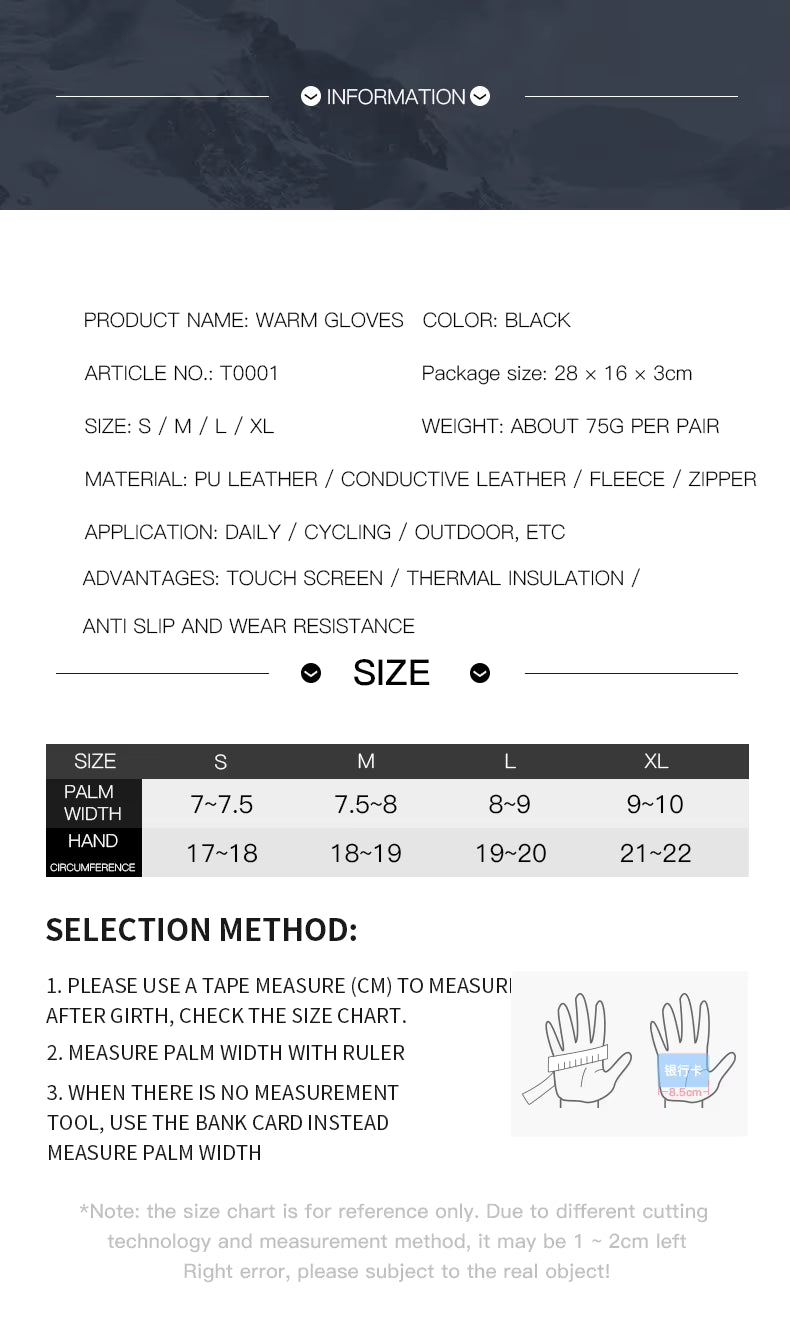Thermohandschuhe Winddicht mit Touchscreen-Funktion, Silikongriff, Reißverschluss, Unisex