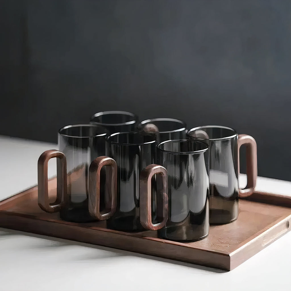 Kaffeegläser aus Rauchglas mit Holzgriff, 350 ml (11,8 fl oz), Schlanke Zylinderform