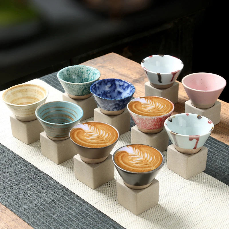 Conical Ceramic Espresso Cups with Holder, 100 ml (3.4 fl oz), Reactive Glaze