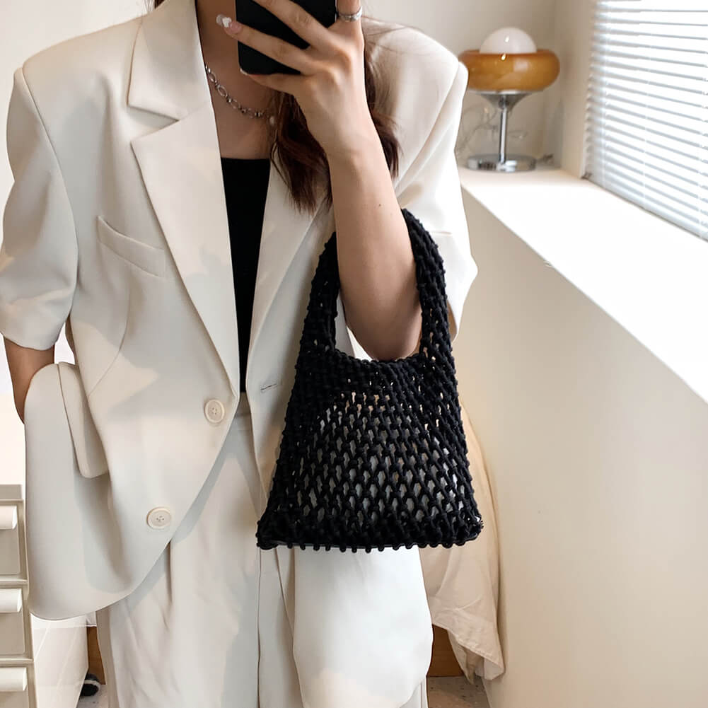 Women's Handbag Hand-Crocheted Cotton Net Pattern for Summer Beach and Everyday Use Vegan