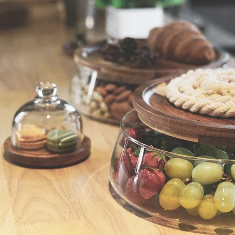 Mehrstöckige Servieretagere aus Glas und Akazienholz mit Deckel für Obst Nüsse und Süßigkeiten